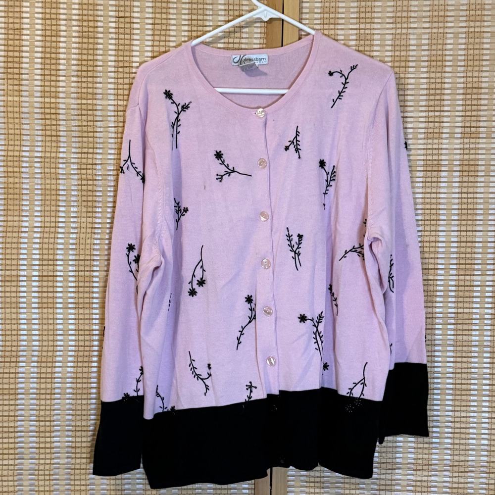 Dressbarn Woman Pink Black Floral Embroidered Beaded Cardigan Sweater 14/16